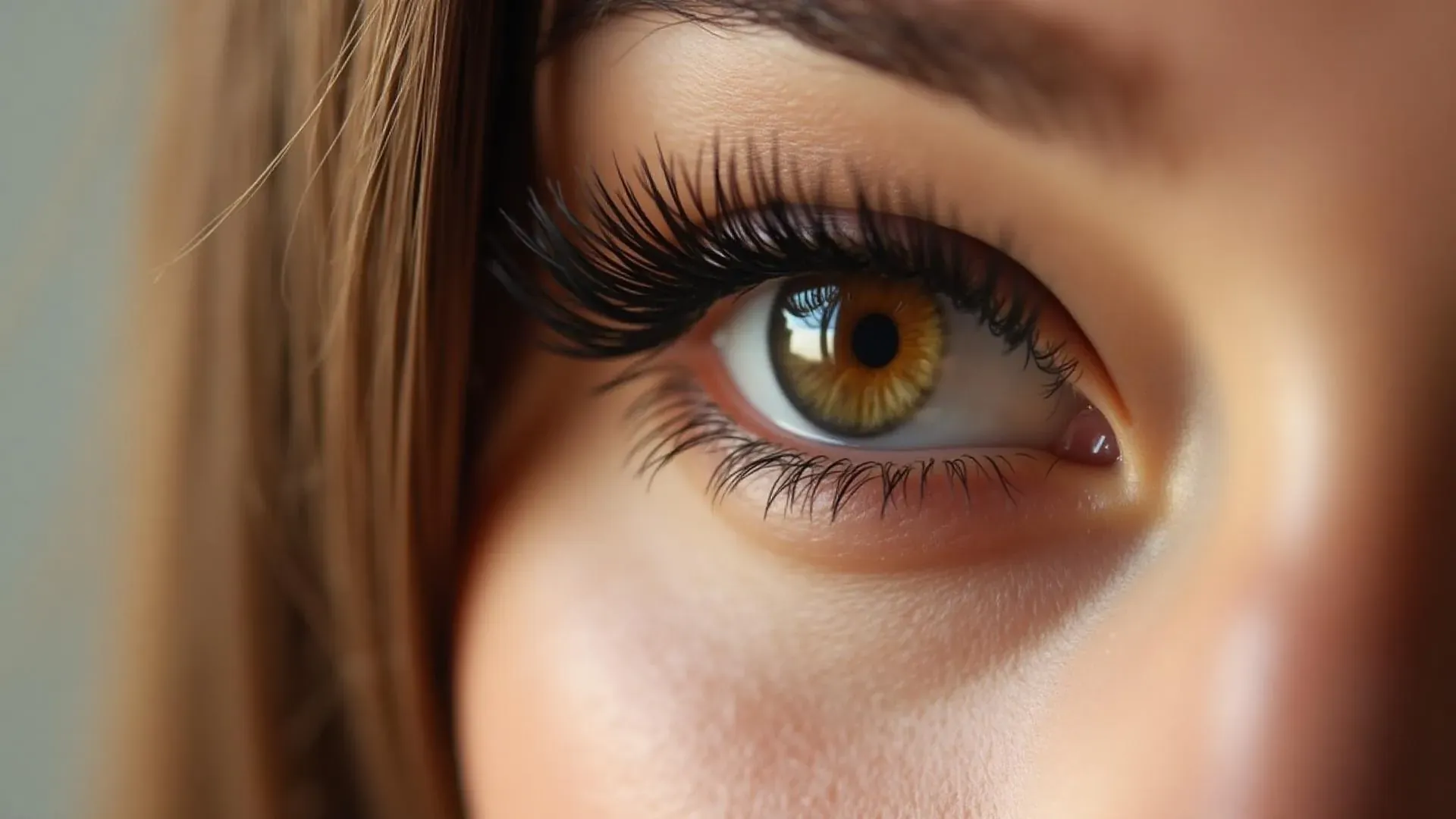 Close-up of a woman's amber-hazel eye with long, dark classic eyelash extensions