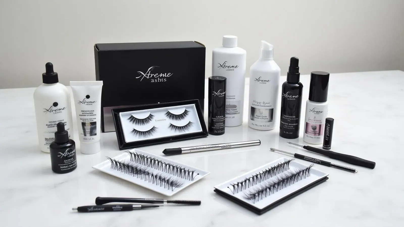 Xtreme Lashes professional kit Xtreme Lashes professional kit on a marble surface with branded box, adhesive bottles, extension trays, tweezers, and brushes